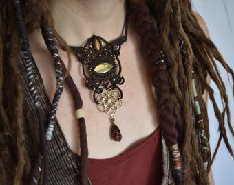 seed of life necklace, tribal labradorite necklace, brown macrame jewelry