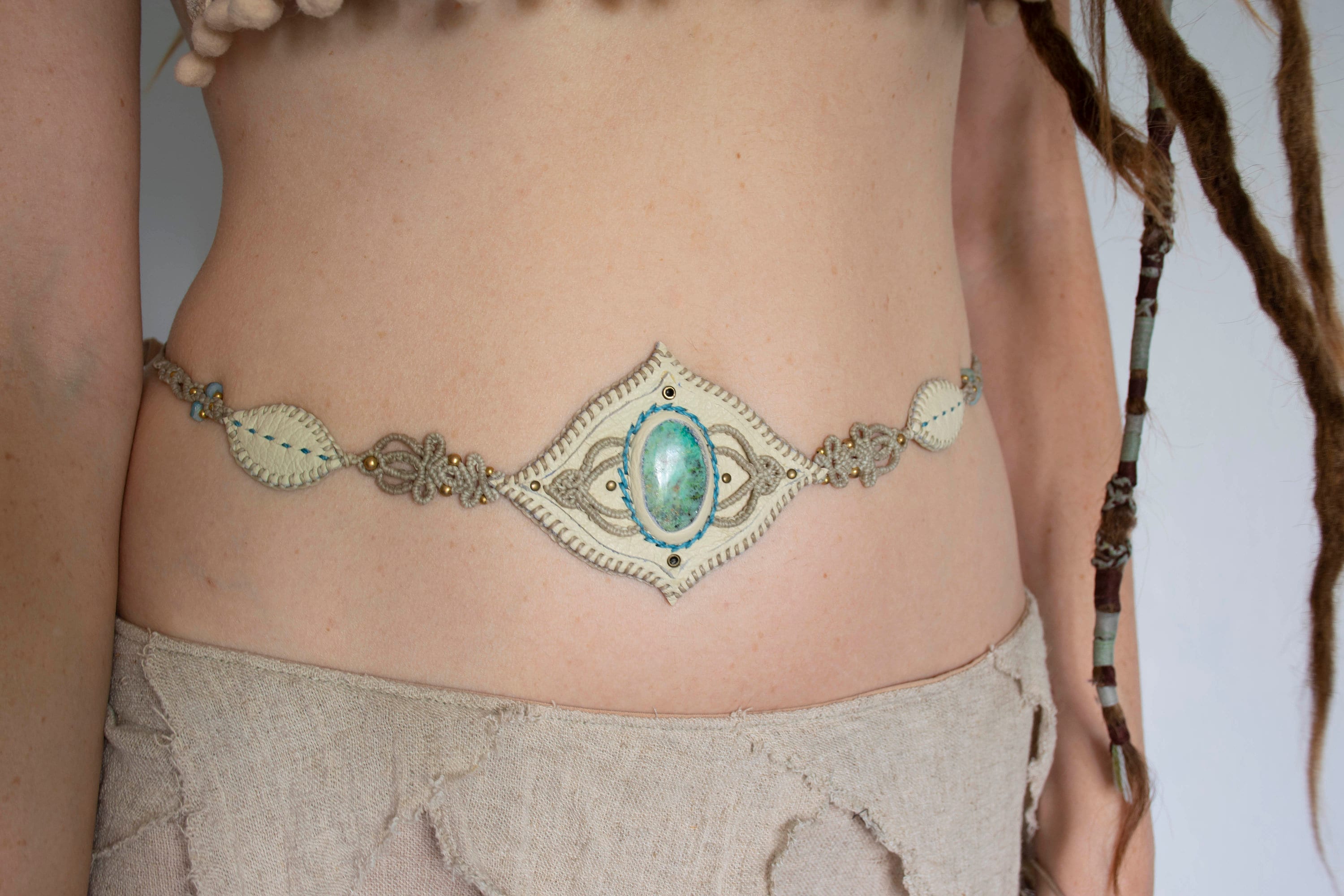 Beige Leather Waist Belt, Priestess Macrame Belt With Jasper 