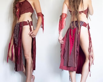 Red tribal belt skirt, long split skirt, ren fair costume, fire goddes wear, warrior woman clothing
