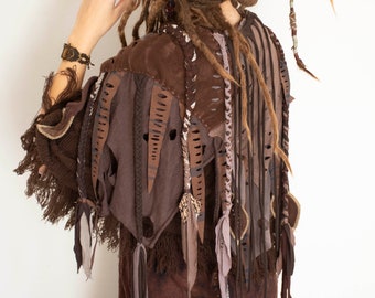 Brown tattered woodland shoulder cape, postapocalyptic distressed cape with acorns, forest elven shawl