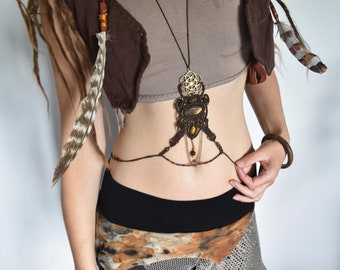 brown tribal body chain, festival belly jewelry, tiger eye waist belt, seed of life