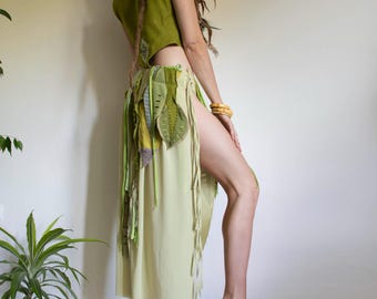 Long spring green split skirt, tie skirt, tribal style festival costume