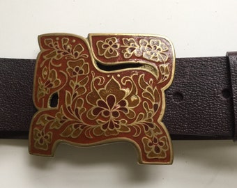 Cloisonne Horse shaped Belt Buckle made in India / Burgundy Leather Belt - Made in Italy - Vintage Boho