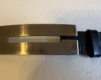 Gucci Leather Belt - Signature Initial G - Silver Buckle - Vintage
