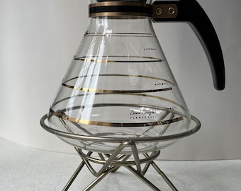Vintage Mid - Century Modern Glass Coffee Carafe designed by David Douglas - Atomic Age Style - Brass Hairpin leg base.