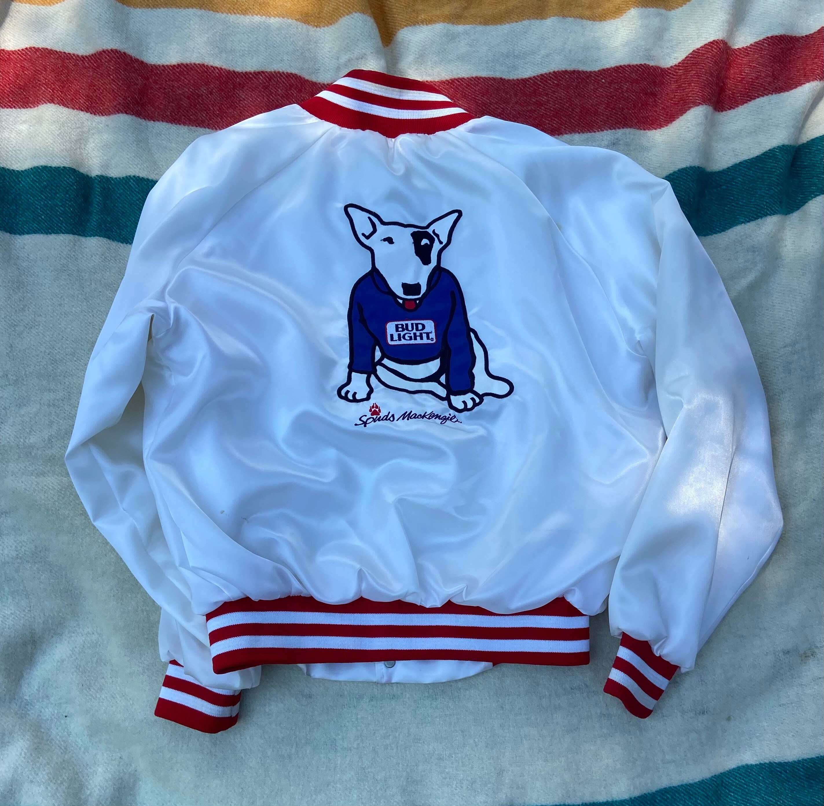 Vintage 1980s Spuds Mackenzie Bud Light Satin Bomber Jacket