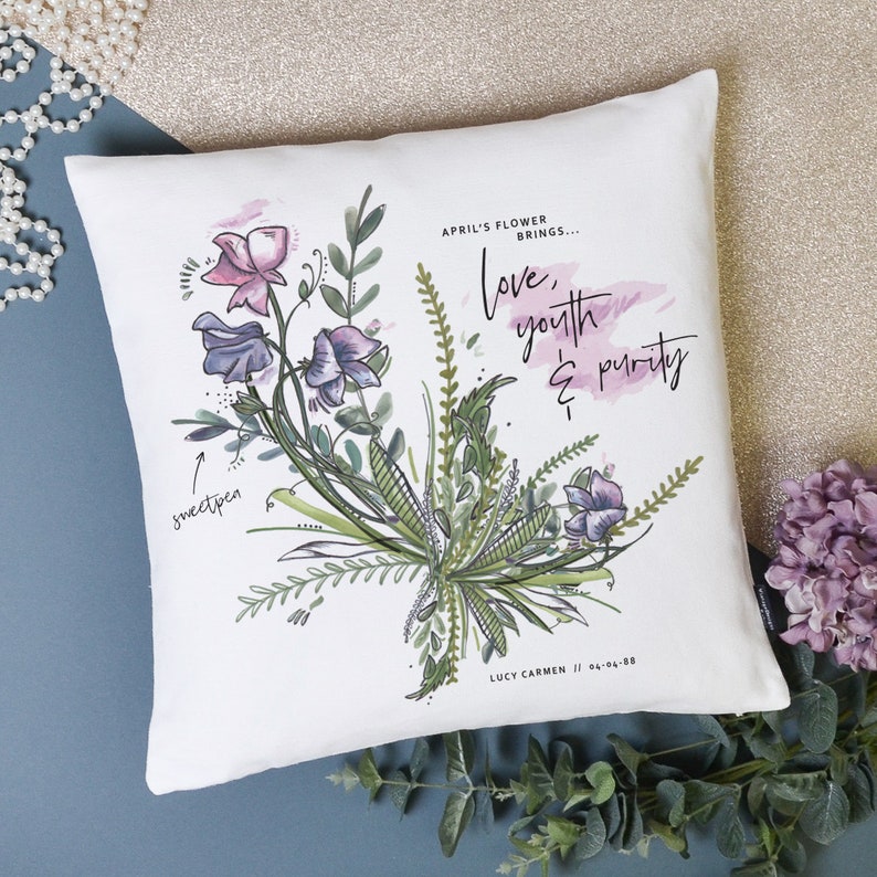 Personalised Birth Month Flower Cushion Cover, Birthday Gift for Her and Him, Special Occasion Present, 30th 40th 50th 60th birthday image 2