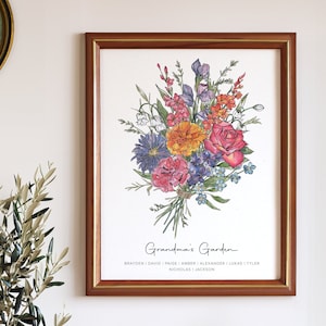 Geburtsblumen Familienstrauß, individuelles Geburtstagsgeschenk für Mama, Oma und Opa, personalisierte Druckwandkunst
