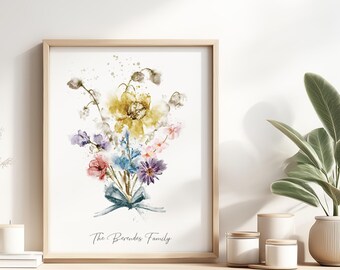 Personalised Family Wall Art | Custom Gift for Her with Watercolour Flowers (Digital Download)
