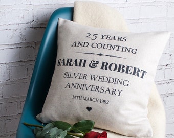 Silver 25th Wedding Anniversary Personalised Gift for Couples Linen Cotton Cushion Pillow Cover with Names and Date