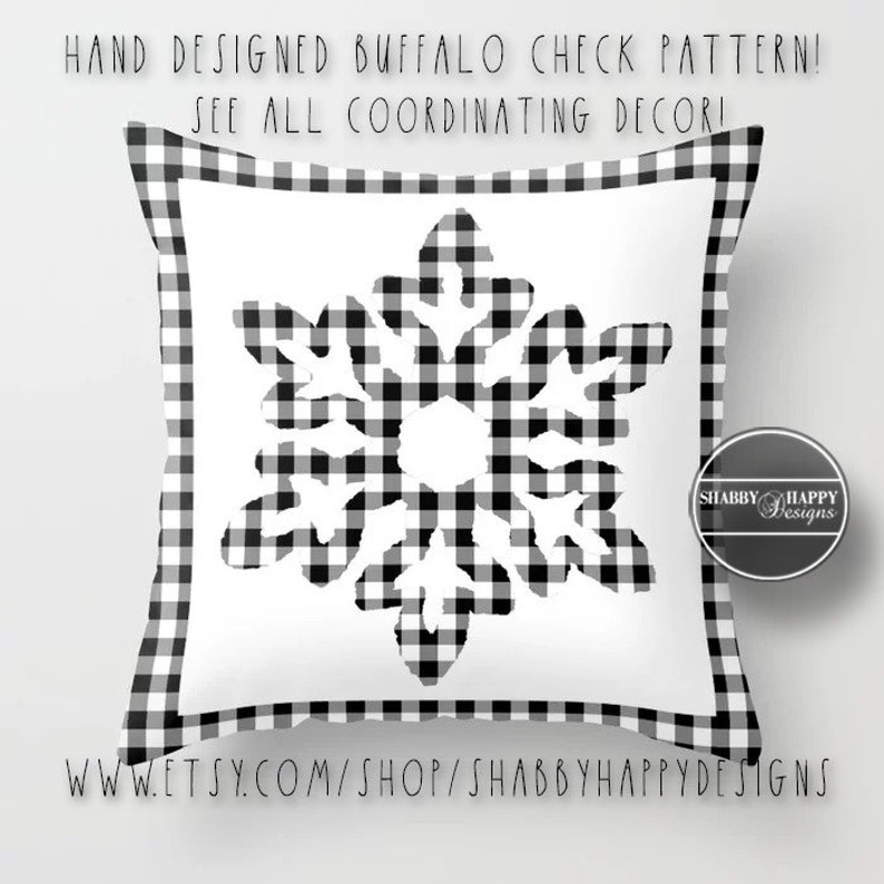 Black and White Buffalo Check Snowflake With Border Pillow Zippered Case Cover Insert Indoor or Outdoor 2-Sided 16X16 18X18 20X20 24X24