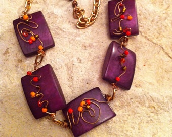 Copper & Orange Seed on Purple Wood Link  necklace