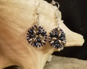 Blue and Grey Duo Beaded Rounds earrings