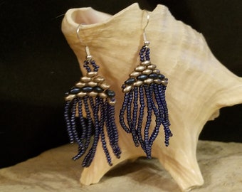 Grey and Blue Duo Half Diamond with Blue Fringe earrings