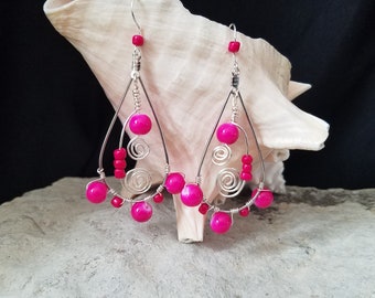 Hot Pink Beads on Large Silver Tear Drop with Silver Wire Doodle earrings