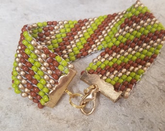 Green, Gold, and Brick  Flat Stitch Cuff Bracelet