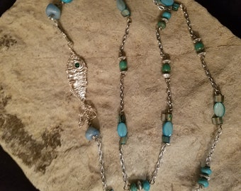 Versatile Silver Fish and Hook Blue & Turquois Chips necklace