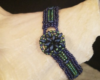 Blue and Green Herringbone with Blue Duo Beads bracelet