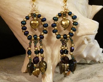 Iridescent and Gold Beaded Hoop and Dangles Earrings