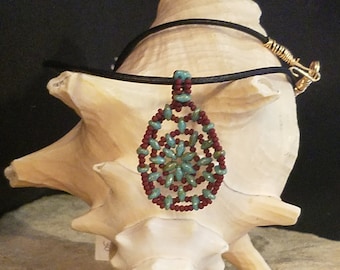 Burgundy Seed Bead and Green Turquois Duo  Beads  Medallion Pendant Necklace