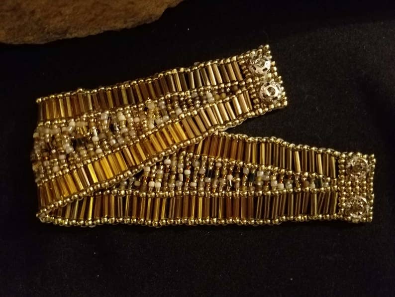 Shades of Earth Continuous Cuff W/ Gold Bugle Bead Trim Etsy