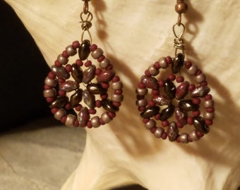 Burgundy and Grey Duo Bead  Rounds Earrings