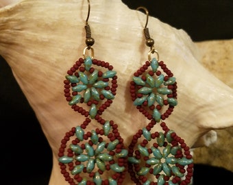 Burgundy and Green Turquois Duo  Bead Double Medallion earrings