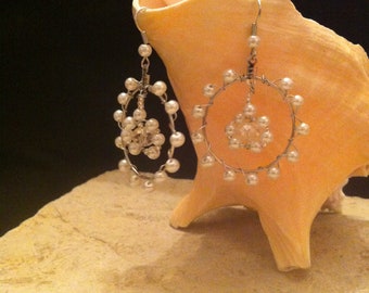 Wire Wrapped Pearls on Silver Hoop earrings