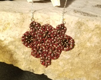 Burgundy and Grey Duo Bead Clustered Medallions Statement Necklace