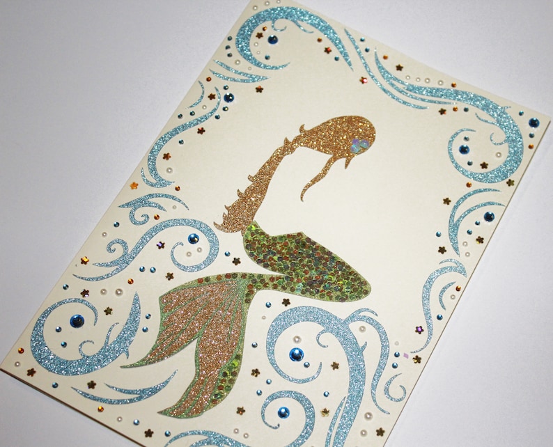 Handmade Gold Mermaid Card Beautiful Glitter Blue Sparkle 5 X Etsy