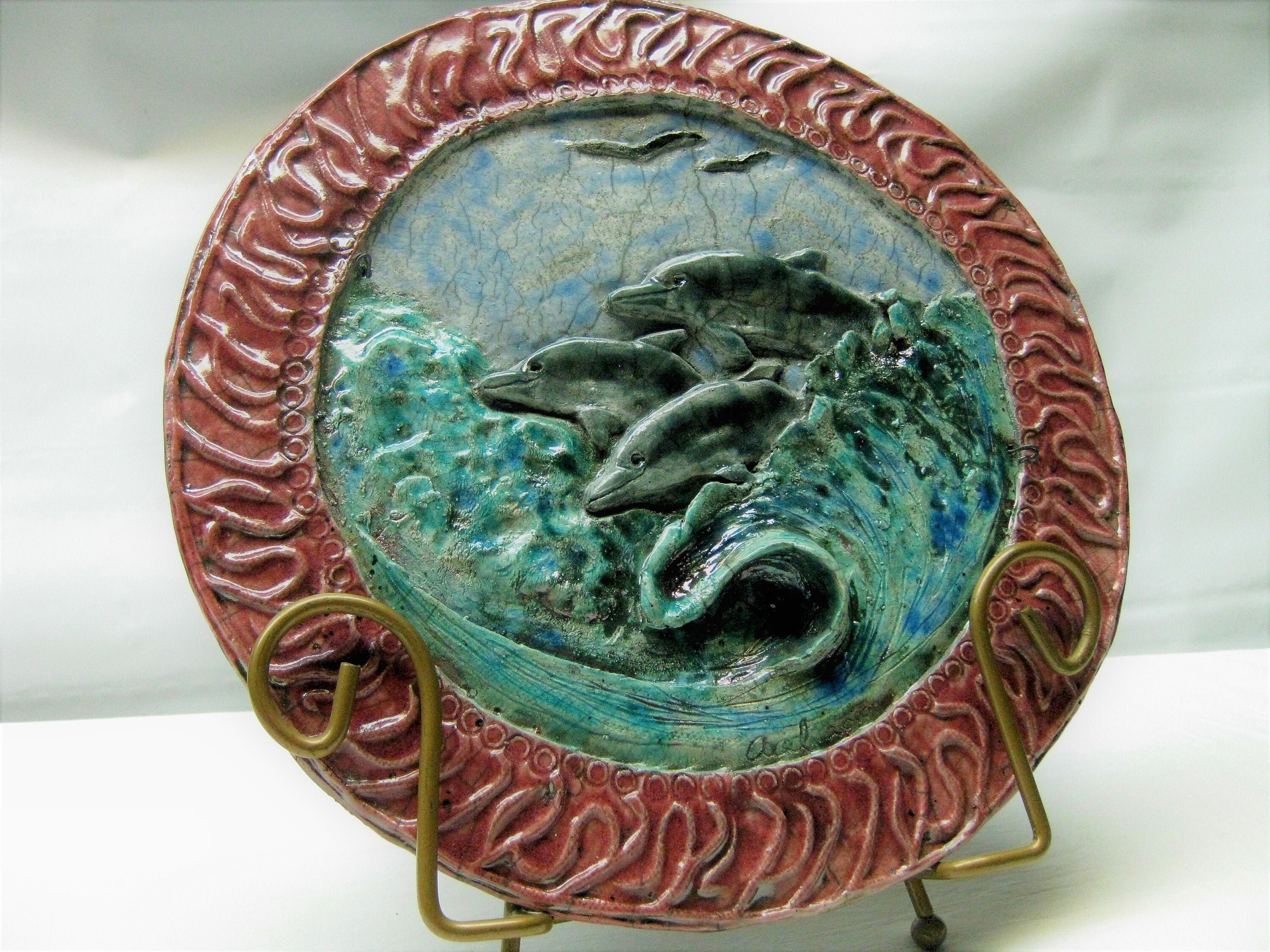 Raku pottery ceramic relief dolphins ocean blue sculpture Etsy