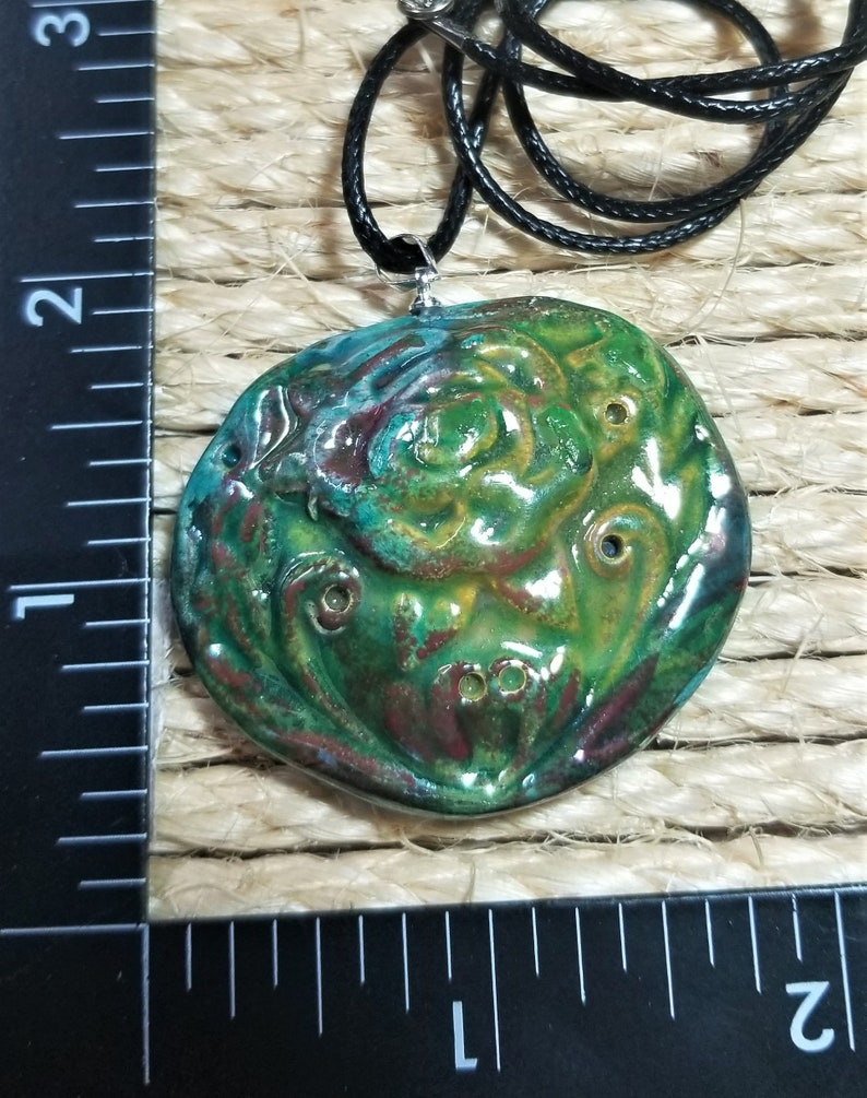Raku pottery ceramic green rose flower handmade rustic ceramic pendant