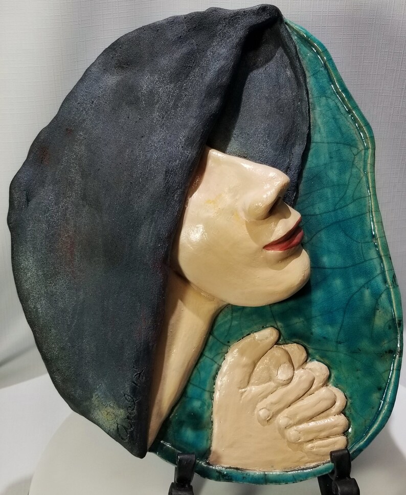 Ceramic relief praying woman raku & acrylics handmade 2012 image 0