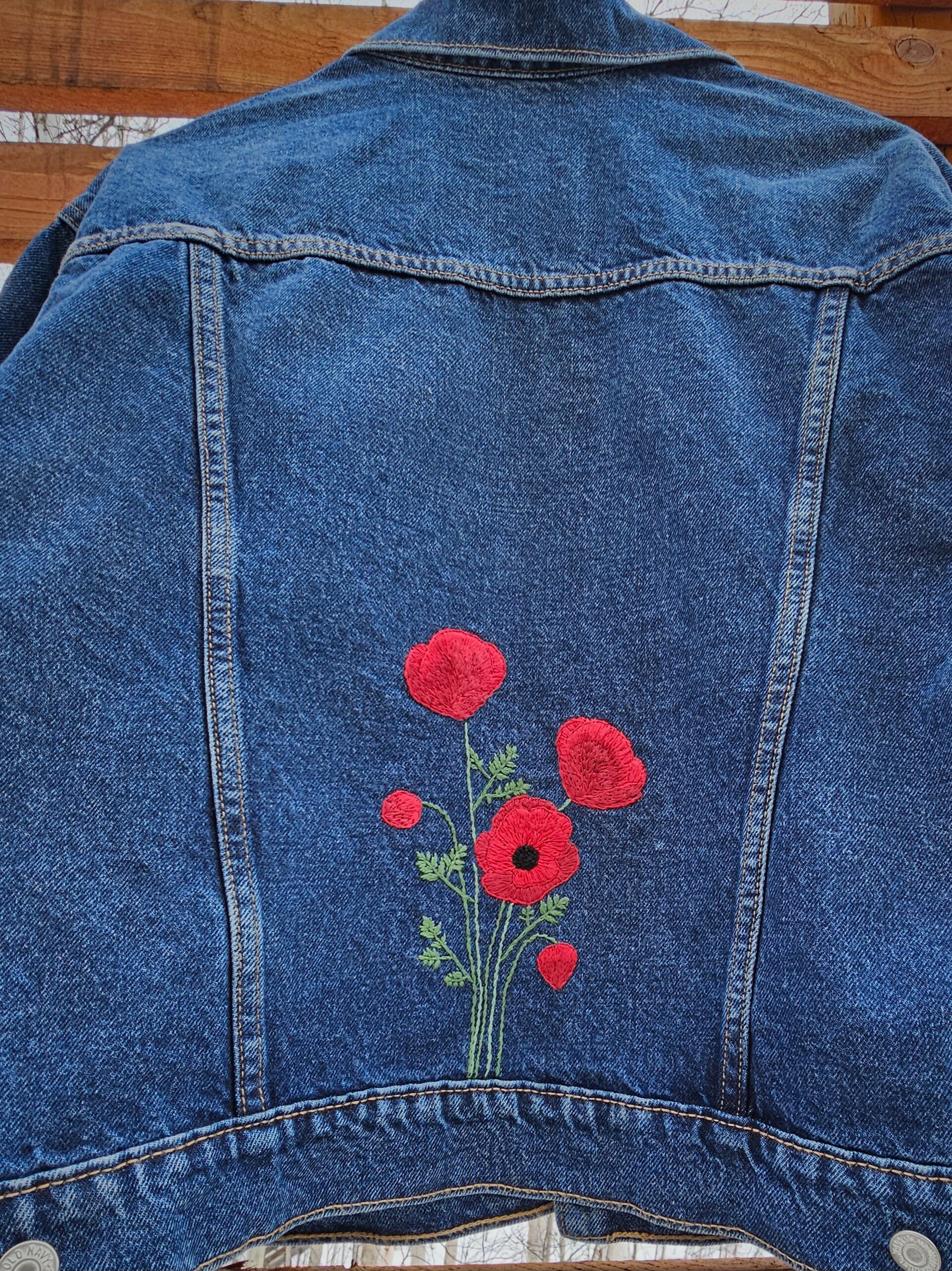 Hand Embroidered Poppy Jean Jacket, Large - Etsy