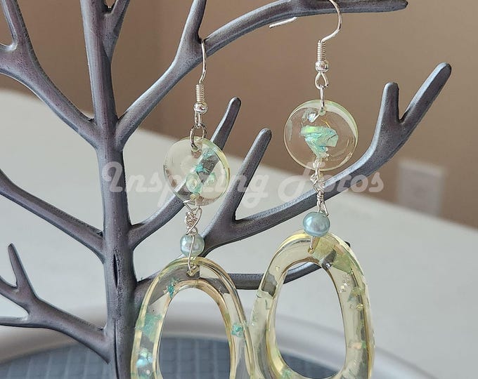 Featured listing image: Resin Oval Drop Earrings: Blue Flake Pearl