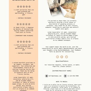 May include: A promotional flyer with reviews and endorsements for a literary work. The flyer features a watercolor illustration of a European city and a map. Contact information is provided.