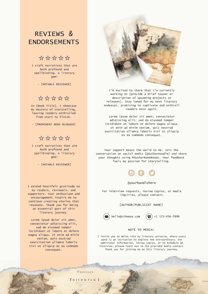 May include: A promotional flyer with reviews and endorsements for a literary work. The flyer features a watercolor illustration of a European city and a map. Contact information is provided.