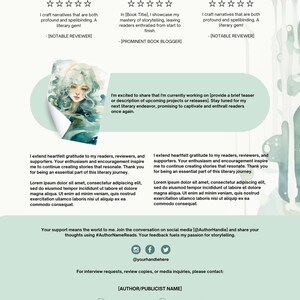 May include: A promotional graphic with the title "Reviews and Endorsements." It features star ratings, quotes, and a watercolor illustration of a woman. Contact information and social media handles are also included.
