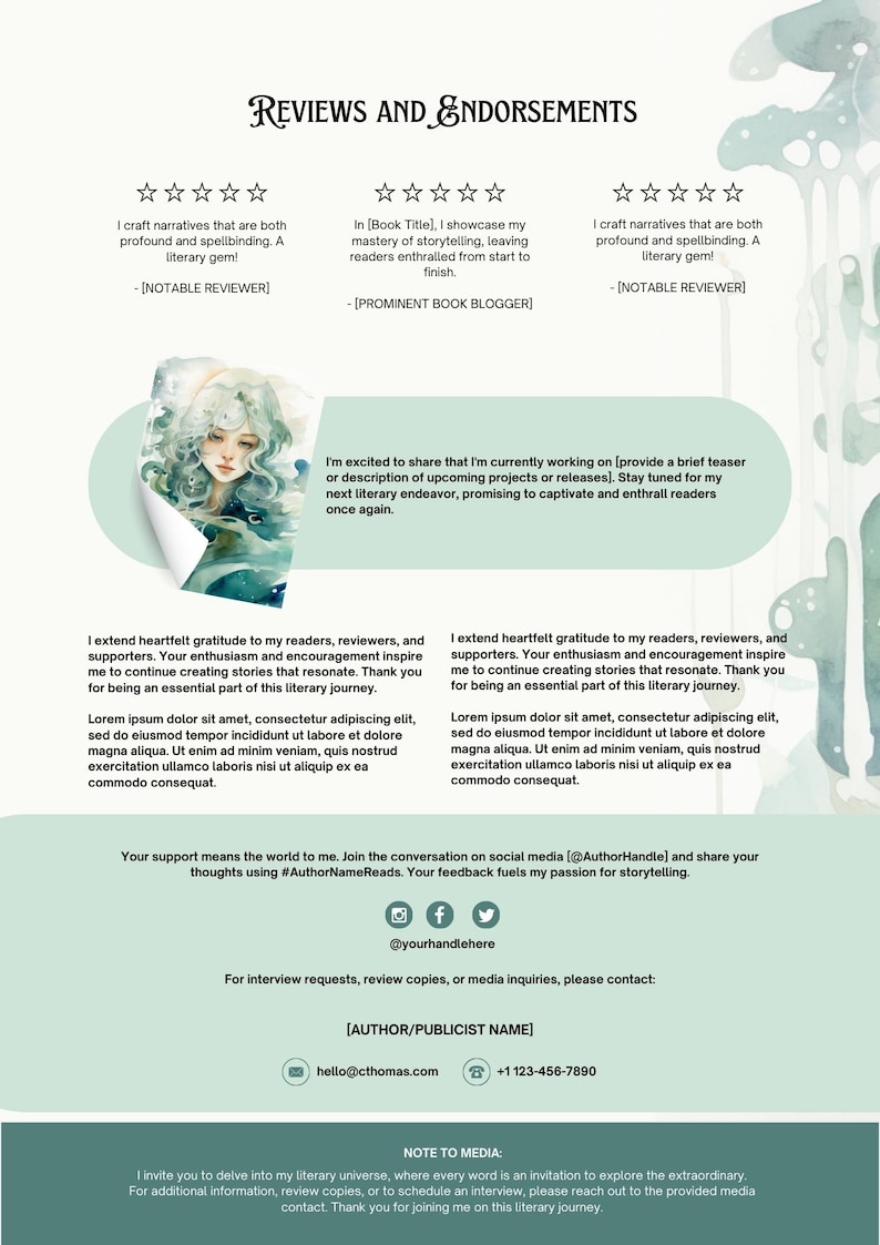 May include: A promotional graphic with the title "Reviews and Endorsements." It features star ratings, quotes, and a watercolor illustration of a woman. Contact information and social media handles are also included.