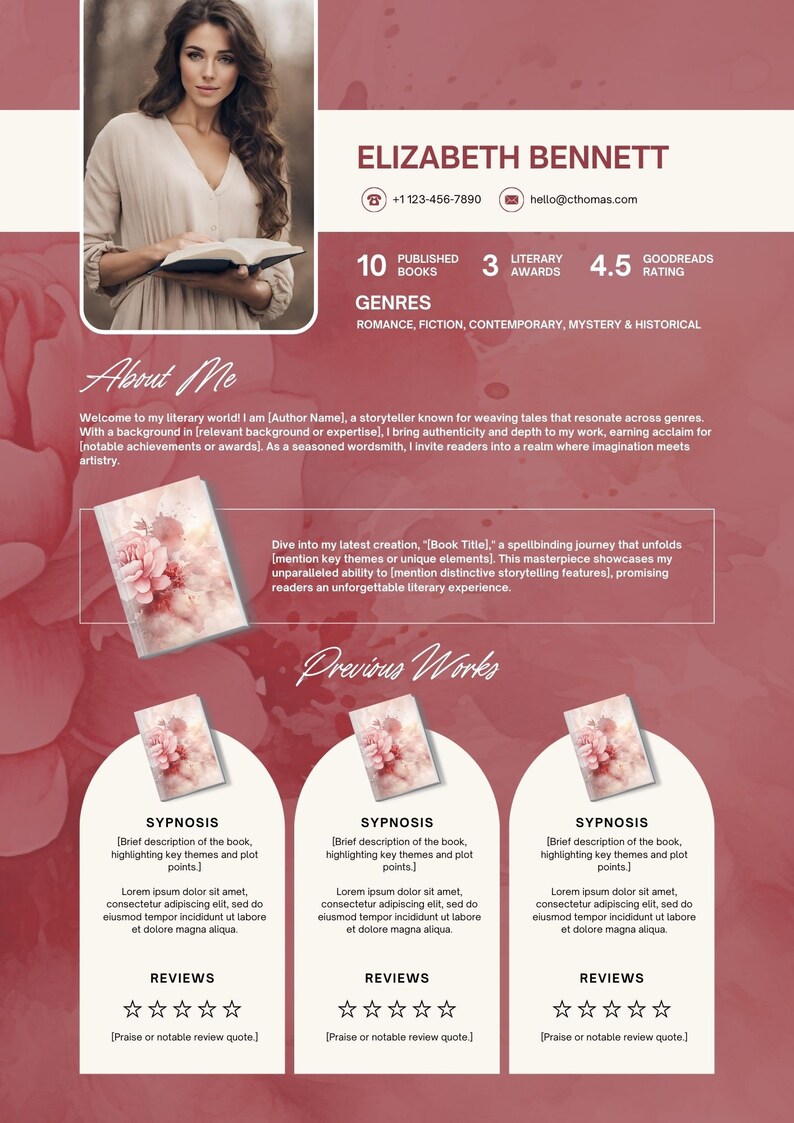 May include: A professional author's resume with a portrait, contact information, and book details. The design features a woman holding a book, with a floral background and sections for genres, reviews, and book synopsis.