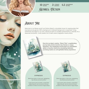 May include: A professional resume template with a watercolor illustration of a woman reading a book. The resume includes contact information, a summary, and sections for published books, awards, and reviews. The genre is fiction.
