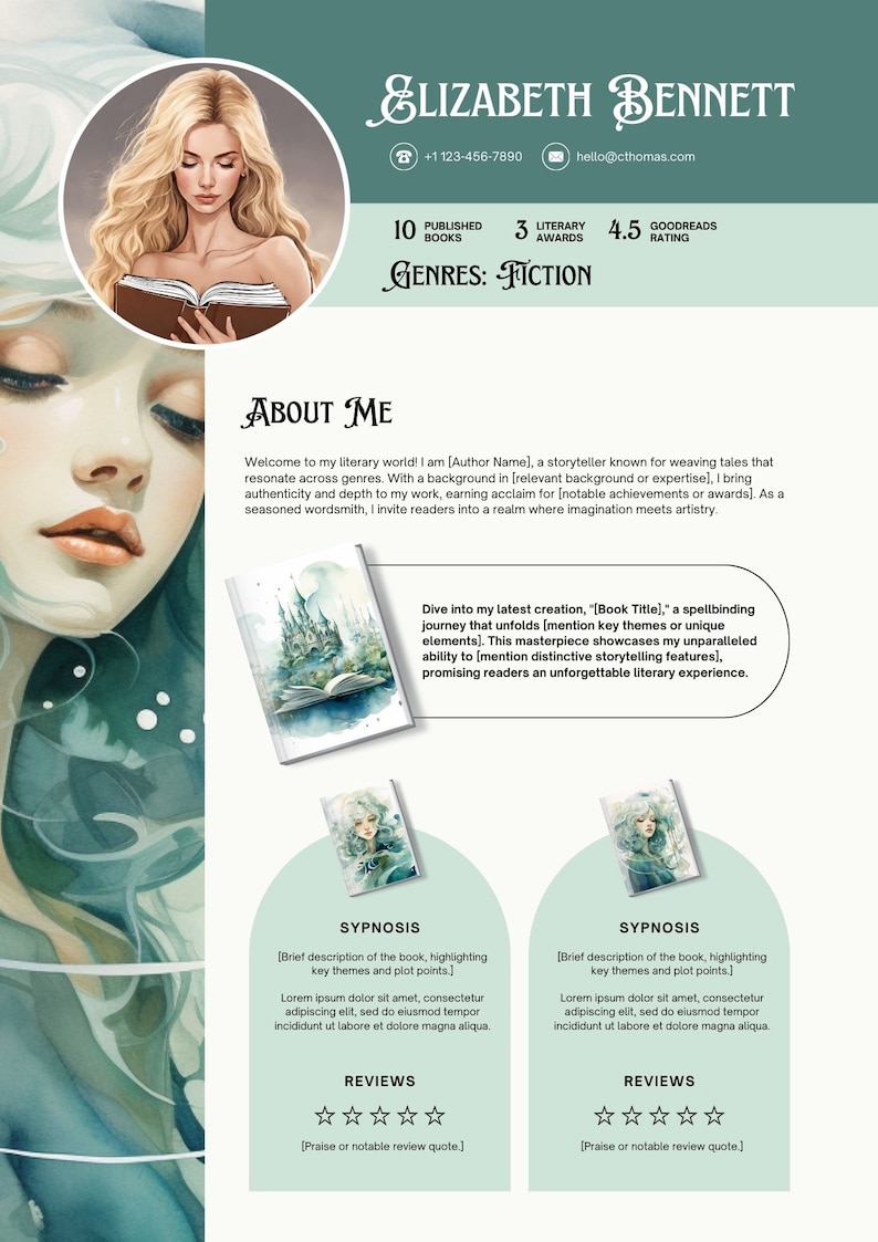 May include: A professional resume template with a watercolor illustration of a woman reading a book. The resume includes contact information, a summary, and sections for published books, awards, and reviews. The genre is fiction.
