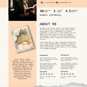 May include: A professional author's resume with a photo, contact info, and book details. The resume includes a book cover image, a map, and text about the author's work and reviews.