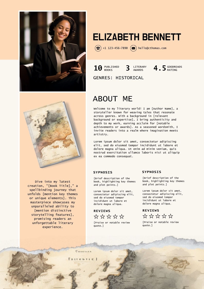 May include: A professional author's resume with a photo, contact info, and book details. The resume includes a book cover image, a map, and text about the author's work and reviews.