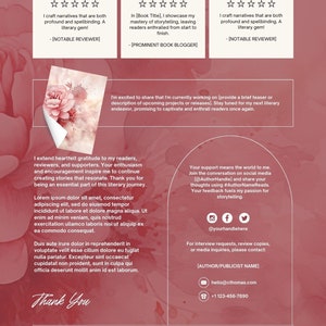 May include: A maroon and white literary promotional graphic with reviews, endorsements, and contact information. The graphic includes text, social media icons, and a watercolor floral design. The words "Thank You" are also visible.