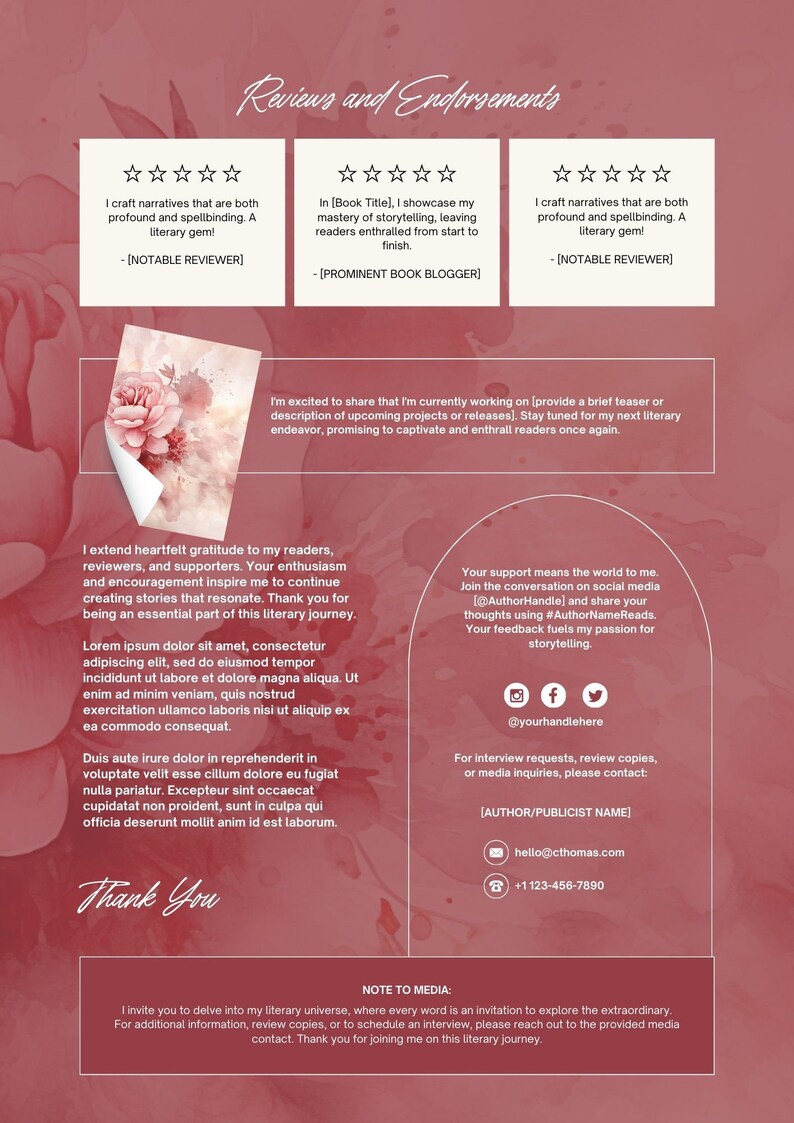 May include: A maroon and white literary promotional graphic with reviews, endorsements, and contact information. The graphic includes text, social media icons, and a watercolor floral design. The words "Thank You" are also visible.