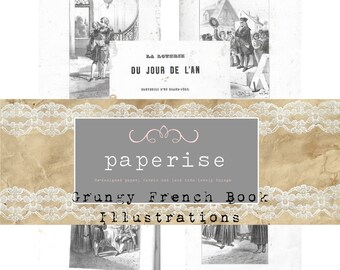 5 pages of Grungy Antique French Book Plates Illustrations Digital Download Printables for Junk Journals, scrapbooks, card making, collage