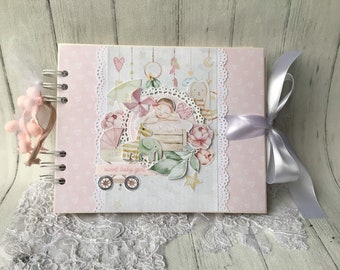 Premier album photo de petite fille, album de baptêmes, baptême, scrapbooking, fait main, rose, fleurs, fleurs, lapin, petit bébé