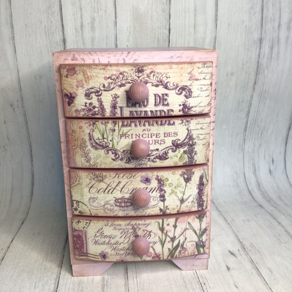 Lavender Mini Chest of Drawers, Paris, France, Shabby Chic, Vintage Style, Decoupage, Hand-made