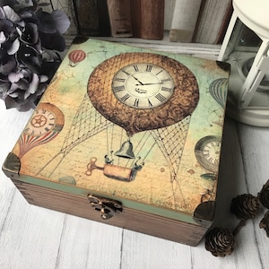 Watch Box, Mens Watch Box Case, Steampunk, Ballon, Vintage, Wooden, Decoupage, Hand-made